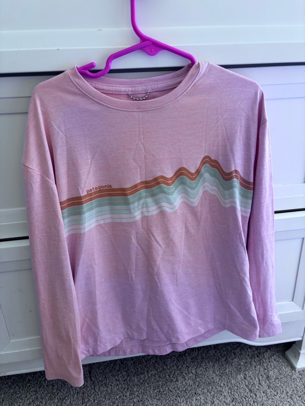 Patagonia Pink Long Sleeve Tee with Multicolor Wave Graphic
